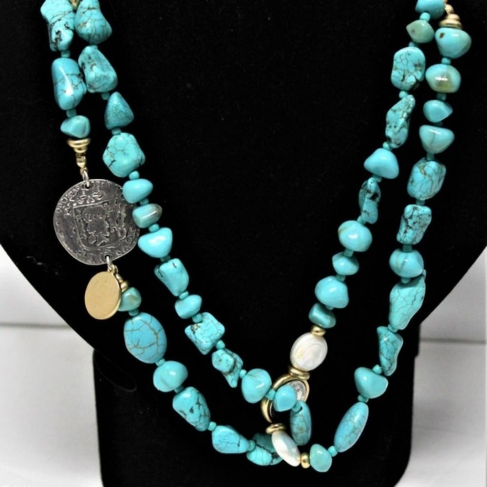 CHICO'S SINGLE STRAND TURQUOISE BEADS WITH COINS